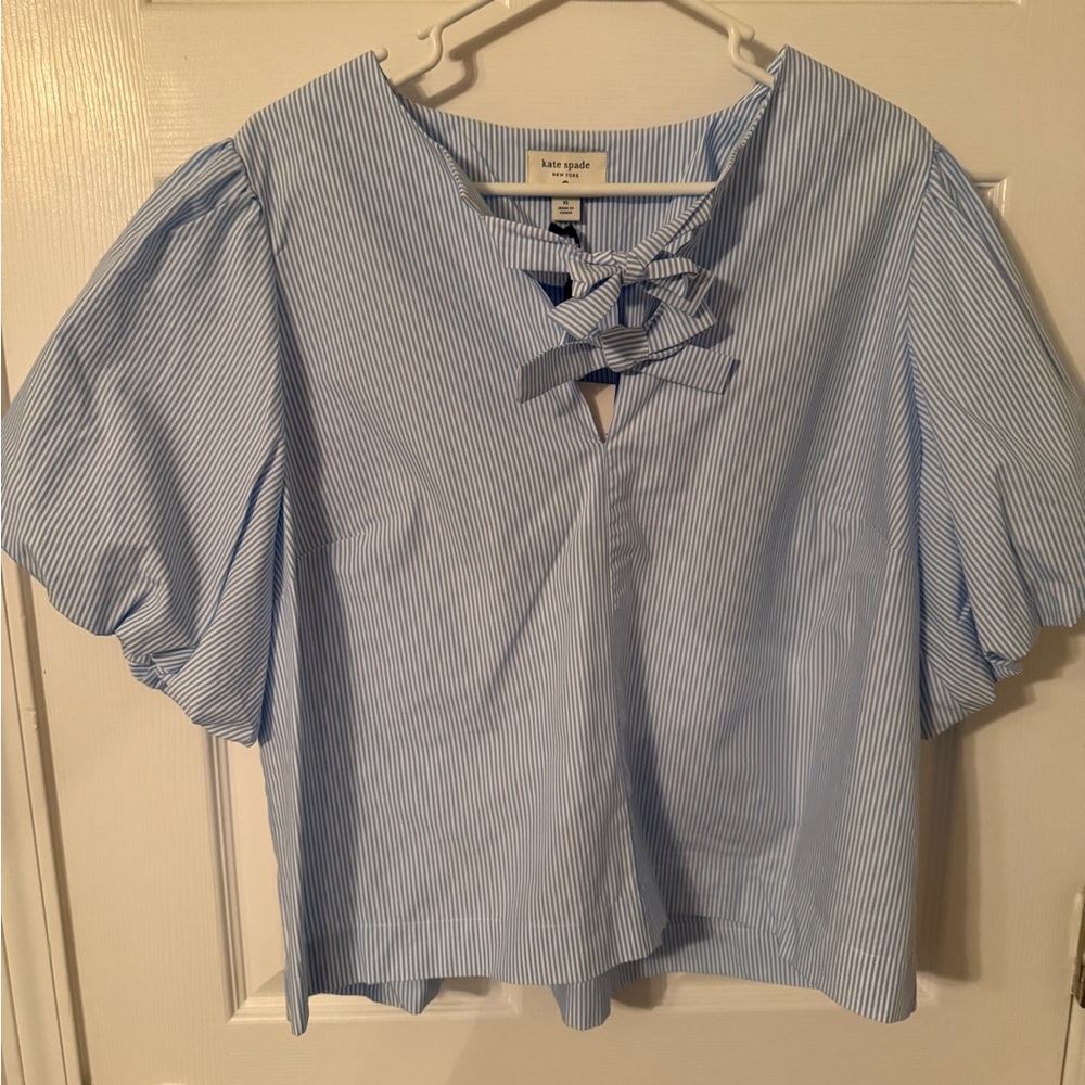 Kate Spade Light Blue Striped Blouse with Bow Detail